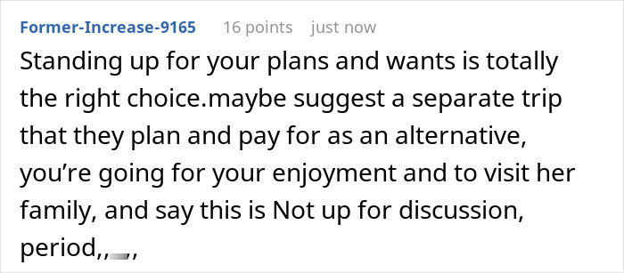 A comment advises standing up for your family vacation plans against parental interference. A comment advises standing up for your family vacation plans against parental interference.