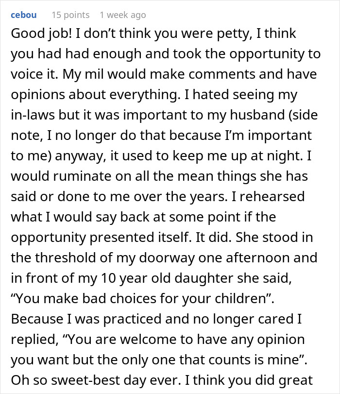 Woman gets her revenge after a decade of snide comments from mother-in-law Woman gets her revenge after a decade of snide comments from mother-in-law