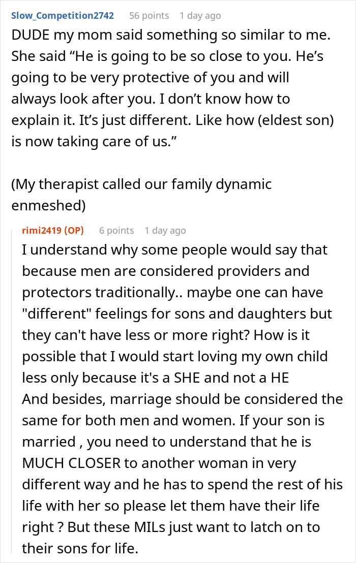 Comment on enmeshed family dynamics and mother-in-law's obsession with son Comment on enmeshed family dynamics and mother-in-law's obsession with son