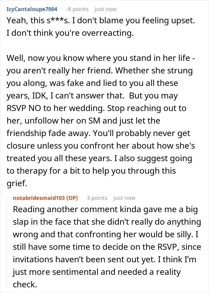 A screenshot of a Reddit comment suggesting the original poster let the friendship fade after not being made a bridesmaid.