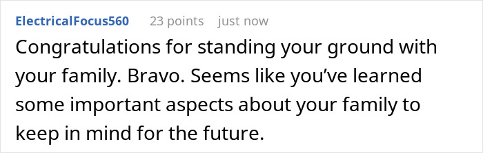 A comment congratulates someone for standing their ground with family vacation plans. A comment congratulates someone for standing their ground with family vacation plans.