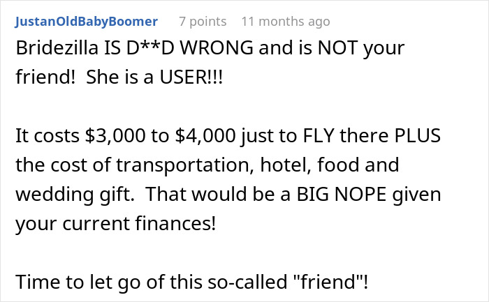 Comment warns bridezilla is wrong, calls out costly destination wedding expenses