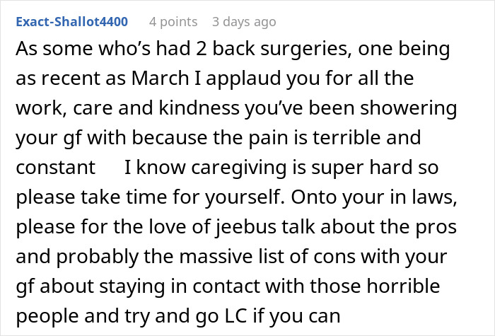 Comment praising caregiving efforts for girlfriend's back surgery recovery