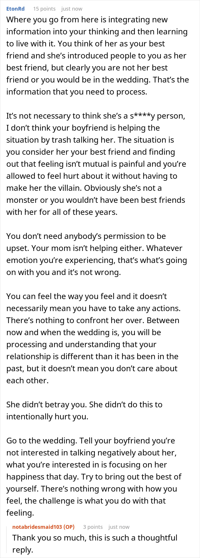 A screenshot of a Reddit comment section with a user named EtonRd discussing a friendship ending after not being a bridesmaid.