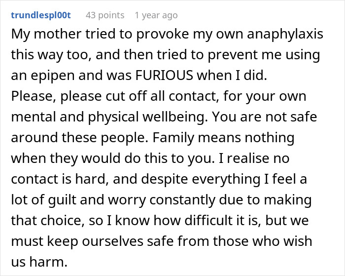 A user's comment about their mother trying to provoke anaphylaxis and prevent epipen use, advising no contact.