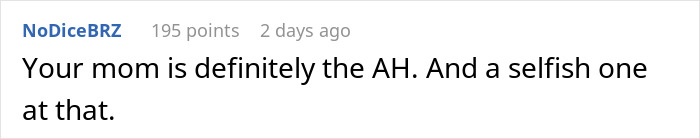 A comment stating the mom is selfish for hijacking aunt's birthday plans. A comment stating the mom is selfish for hijacking aunt's birthday plans.