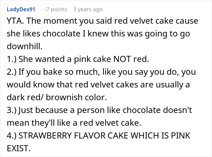 Comment pointing out red velvet cake color issues in gender reveal context Comment pointing out red velvet cake color issues in gender reveal context