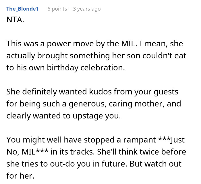 Reddit comment analyzing MIL's motive in bringing own cake to son's birthday