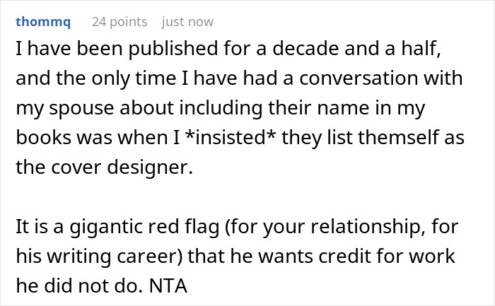 A screenshot of a Reddit comment detailing a personal experience about including a name on a book, emphasizing the boyfriend's audacity.
