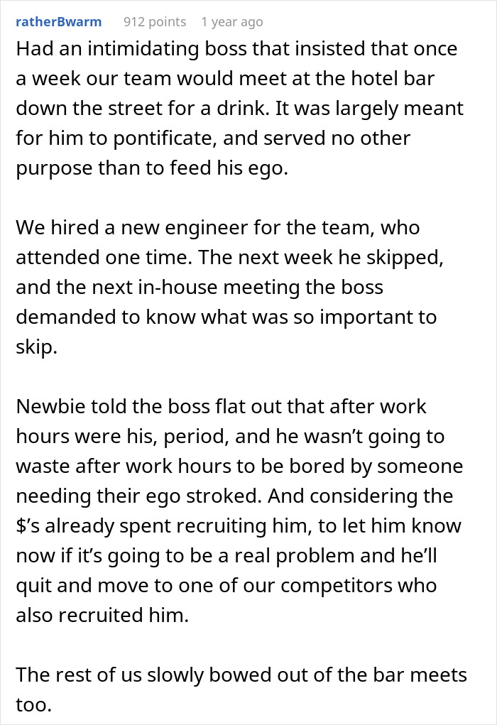 A New Hire makes the whole team do the same by refusing after-work bar meetings, challenging management's illegal shenanigans.