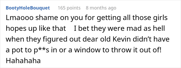 Screenshot of a Reddit comment humorously suggesting how to embarrass an ex for breaking up with a woman by mocking his finances.
