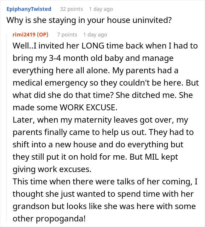 Text screenshot about MIL staying uninvited at son's house Text screenshot about MIL staying uninvited at son's house