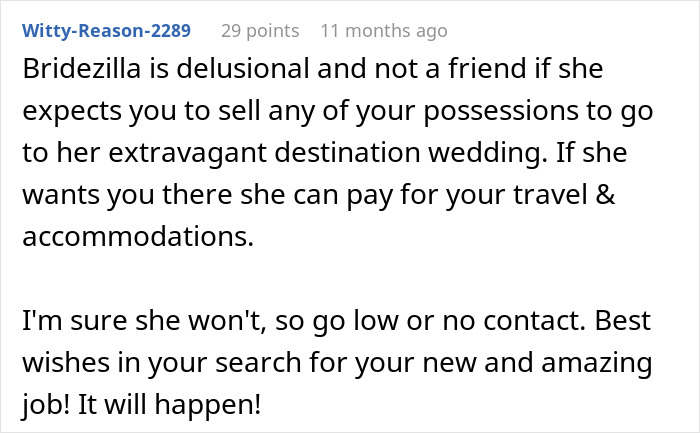 Comment calls bride delusional for expecting guests to sell possessions for wedding