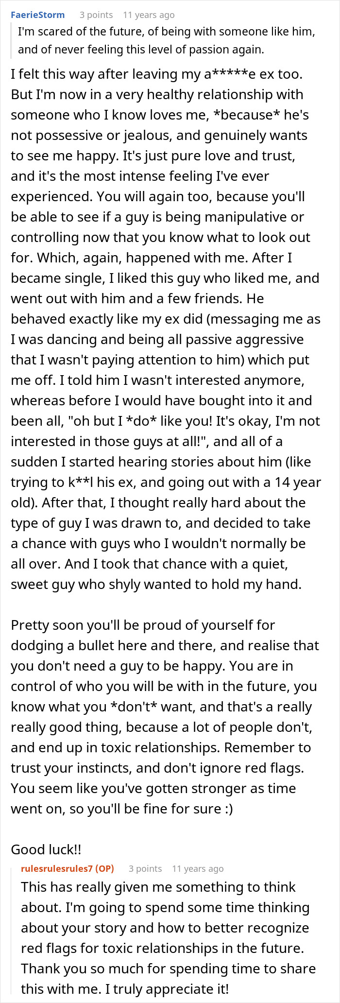 A Reddit thread where users discuss overcoming a toxic guy and his jealousy, focusing on self-worth.