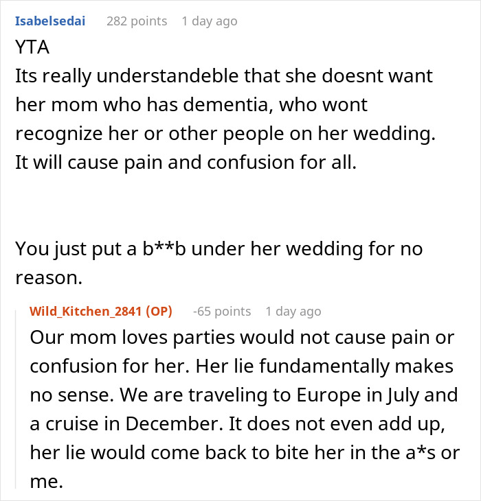 Discussion on exclusion of mom with dementia causing pain at wedding Discussion on exclusion of mom with dementia causing pain at wedding