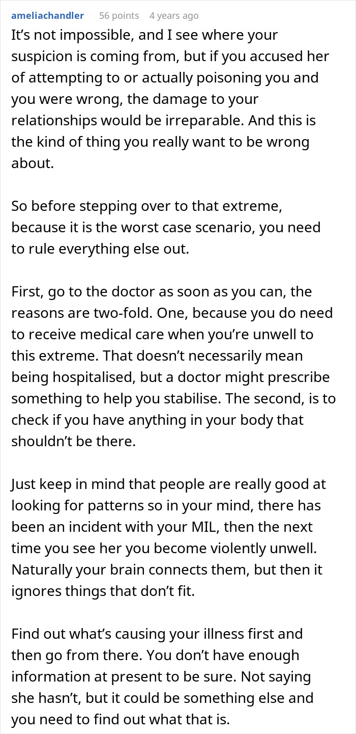 A Reddit comment warning about the damage to relationships when suspecting a MIL of causing someone to get violently sick.