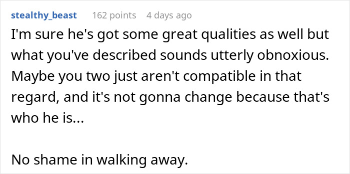 A comment advising a woman to quit her relationship with her talkative fiancé if they are not compatible. A comment advising a woman to quit her relationship with her talkative fiancé if they are not compatible.