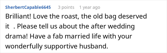 A comment appreciating the roast of the MIL who wore white to her son's wedding.