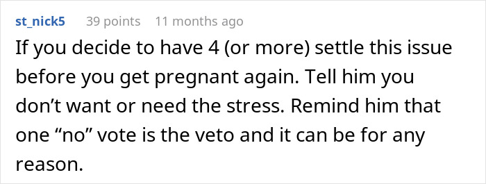 A comment on why a husband should honor his wife's decision not to have more children, emphasizing her autonomy.