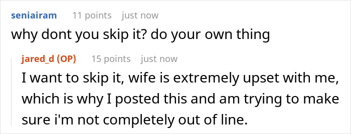 A screenshot shows a user suggesting the husband skip the family trip, with his response about his wife's upset.