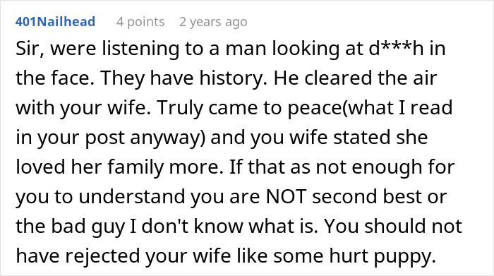 Screenshot of a forum comment regarding a husband's accident and ex-wife, highlighting history and love for family.