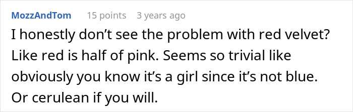 Comment minimizing issue with red velvet cake color in gender reveal Comment minimizing issue with red velvet cake color in gender reveal
