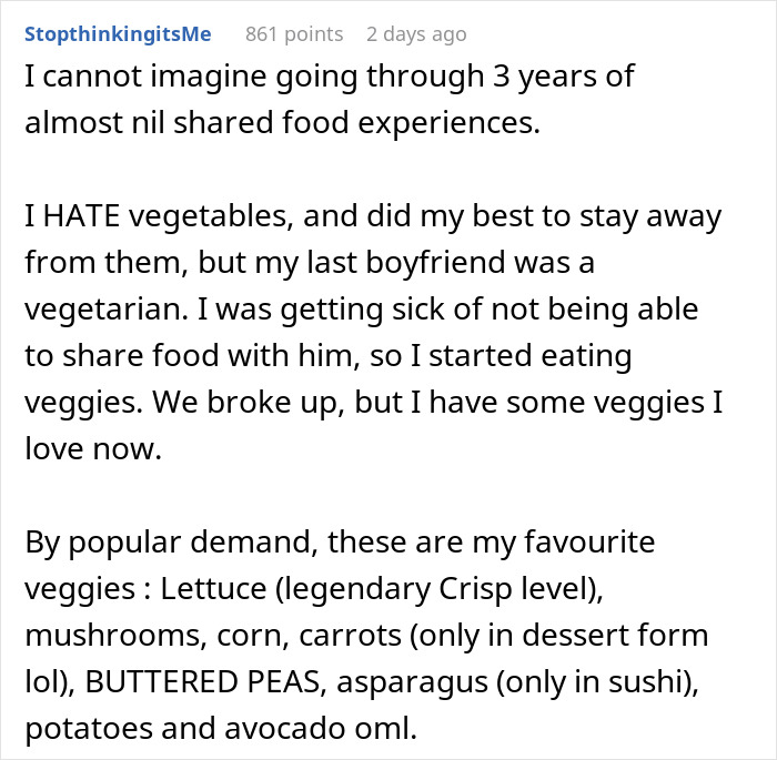 A screenshot showing a Reddit comment discussing a picky eater girlfriend in a relationship. A screenshot showing a Reddit comment discussing a picky eater girlfriend in a relationship.