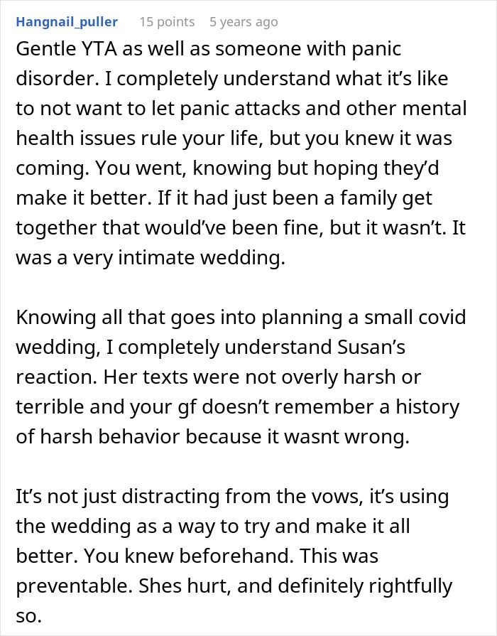 Comment understanding panic disorder but blaming man for wedding disruption Comment understanding panic disorder but blaming man for wedding disruption