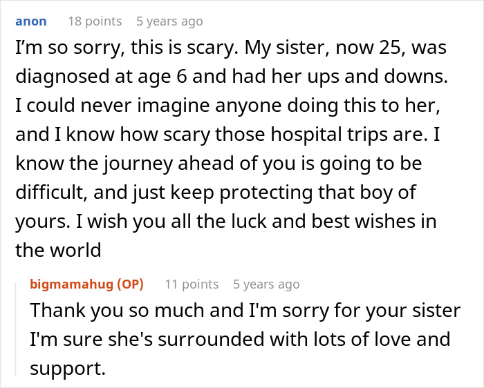 A comment offering support for a child with diabetes who needs insulin, parents caring for their child.