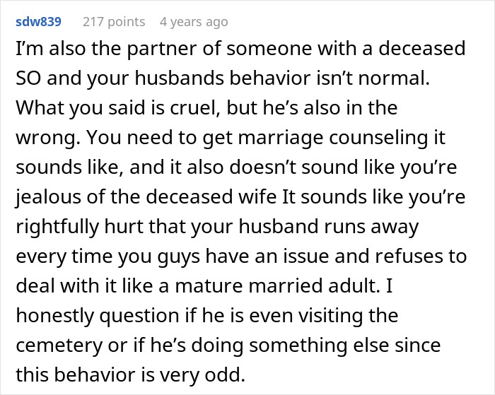 A Reddit comment advising marriage counseling for a pregnant woman due to her husband's unusual grieving behavior. A Reddit comment advising marriage counseling for a pregnant woman due to her husband's unusual grieving behavior.
