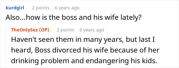 Comment inquiring about boss and wife's relationship status Comment inquiring about boss and wife's relationship status