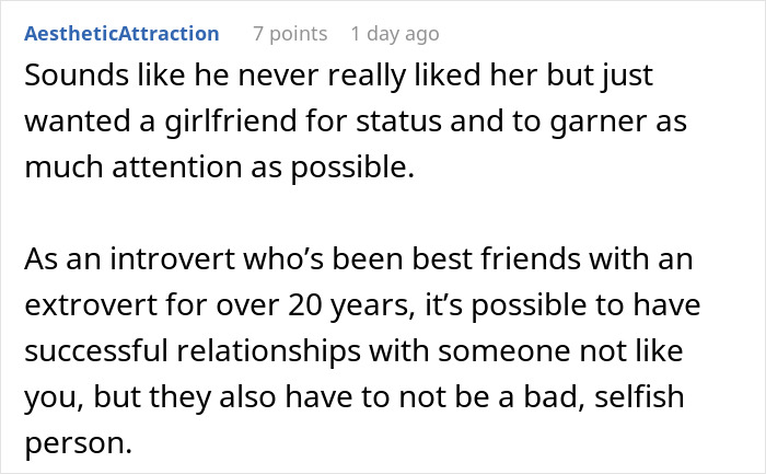 A comment suggesting the man wanted an introverted GF for status and attention during the birthday bar crawl. A comment suggesting the man wanted an introverted GF for status and attention during the birthday bar crawl.