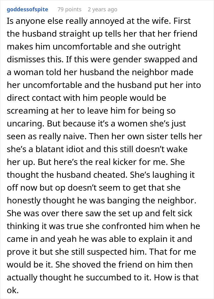 A Reddit comment criticizing a wife's naivety about her creepy friend's plot to steal her hubby by staging a post-intimacy scene.