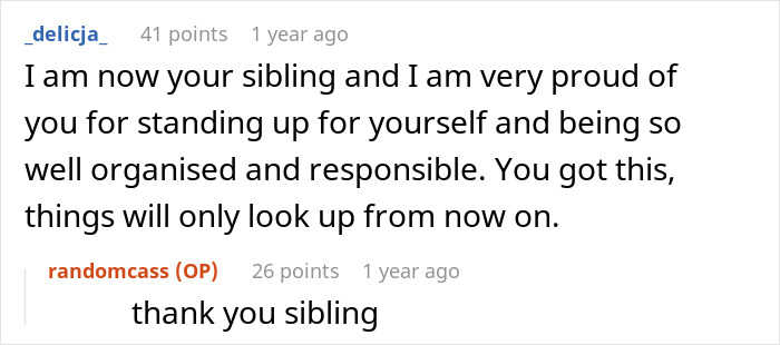A screenshot showing a Reddit comment about a woman being told to leave home, standing up for herself.