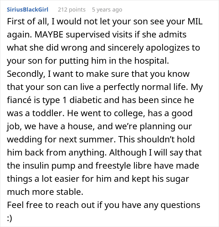 A comment suggesting cutting off an entitled MIL and offering support for a child with diabetes and insulin needs.