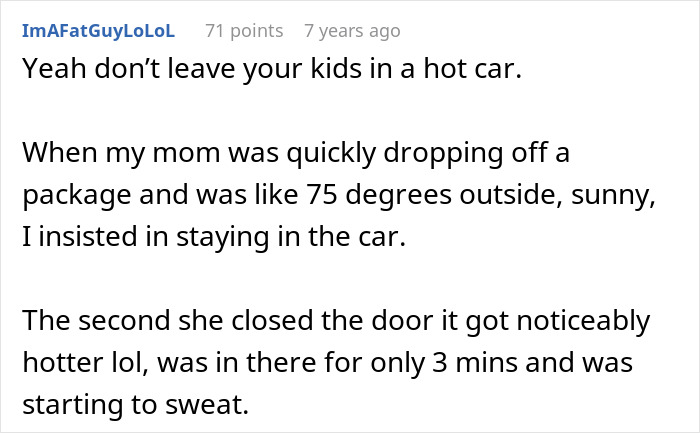 A comment discussing a parenting fail and the danger of leaving kids in a hot car, reflecting on getting arrested. A comment discussing a parenting fail and the danger of leaving kids in a hot car, reflecting on getting arrested.