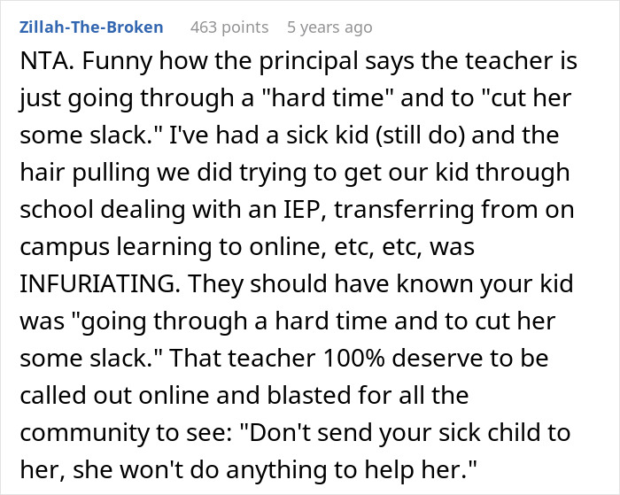 Screenshot of a comment stating the principal's response is infuriating regarding the 11YO undergoing chemotherapy. Screenshot of a comment stating the principal's response is infuriating regarding the 11YO undergoing chemotherapy.