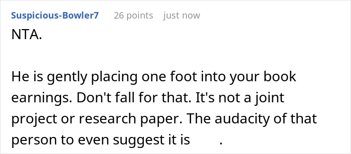 A screenshot of a Reddit comment highlighting the boyfriend's audacity in claiming to co-write the book.