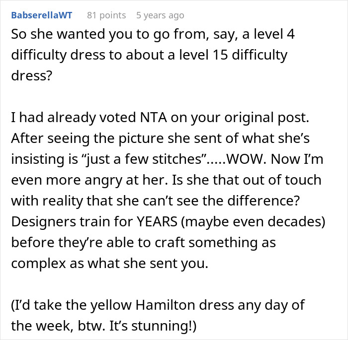 Discussion of dress complexity and support for yellow dress in wedding dress dispute