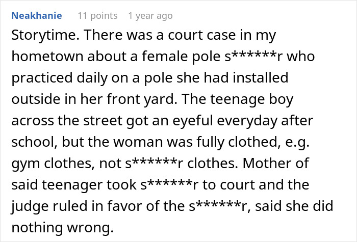 A Reddit post about an insecure neighbor's court case involving a pole dancer, revealing his audacity.