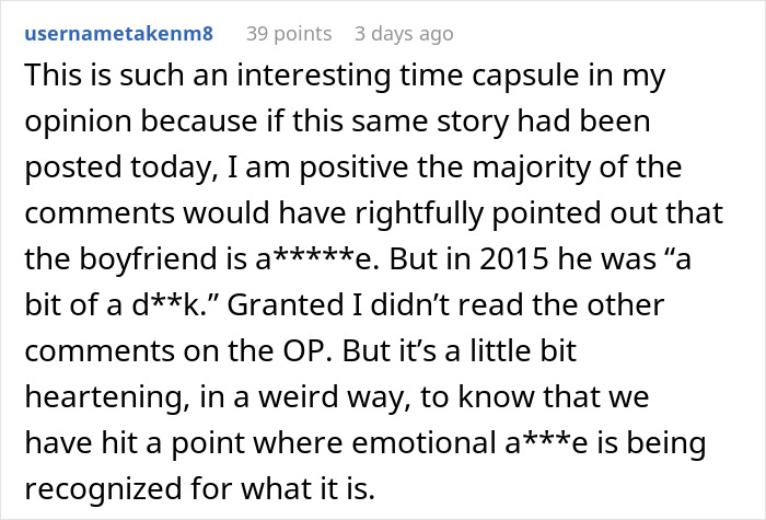 Reddit comment about emotional a***e regarding an introverted GF and a man's birthday bar crawl. Reddit comment about emotional a***e regarding an introverted GF and a man's birthday bar crawl.