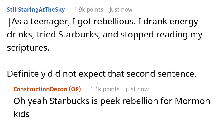 A screenshot of a Reddit comment about a rebellious teen and their religious mom.