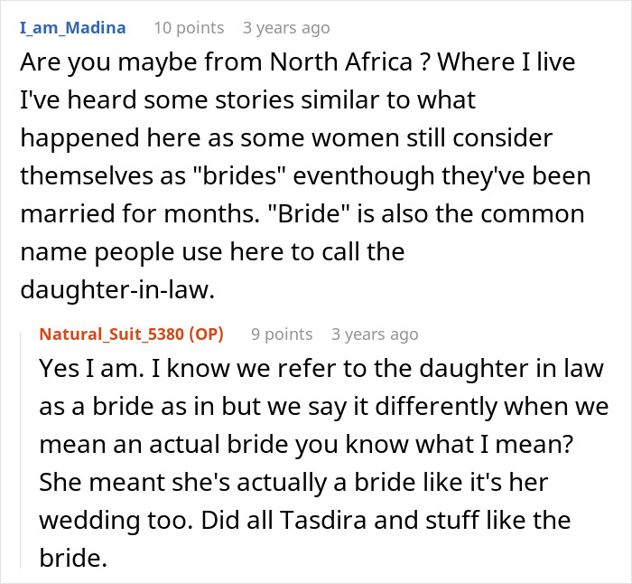 A comment about a bride's cousin acting like she's the one getting married, discussing cultural interpretations of bride. A comment about a bride's cousin acting like she's the one getting married, discussing cultural interpretations of bride.