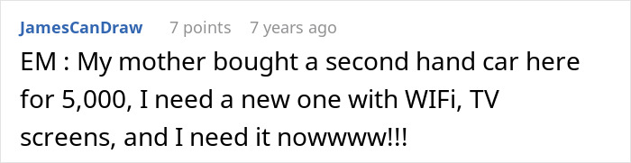 Comment about needing a new car with WiFi and TV screens Comment about needing a new car with WiFi and TV screens