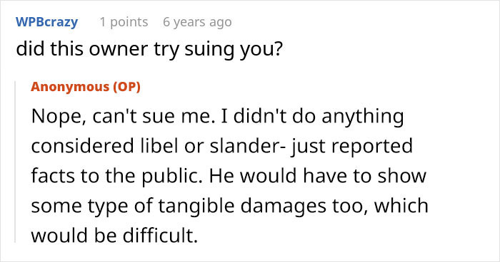 A comment asking if the restaurant owner tried suing them for exposing the scam, with a reply stating no, they cant.