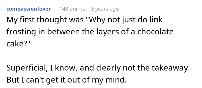 Comment suggesting using chocolate cake layers for gender reveal frosting Comment suggesting using chocolate cake layers for gender reveal frosting