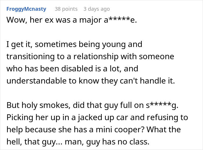Comment criticizing ex-boyfriend's behavior towards a newly disabled partner Comment criticizing ex-boyfriend's behavior towards a newly disabled partner