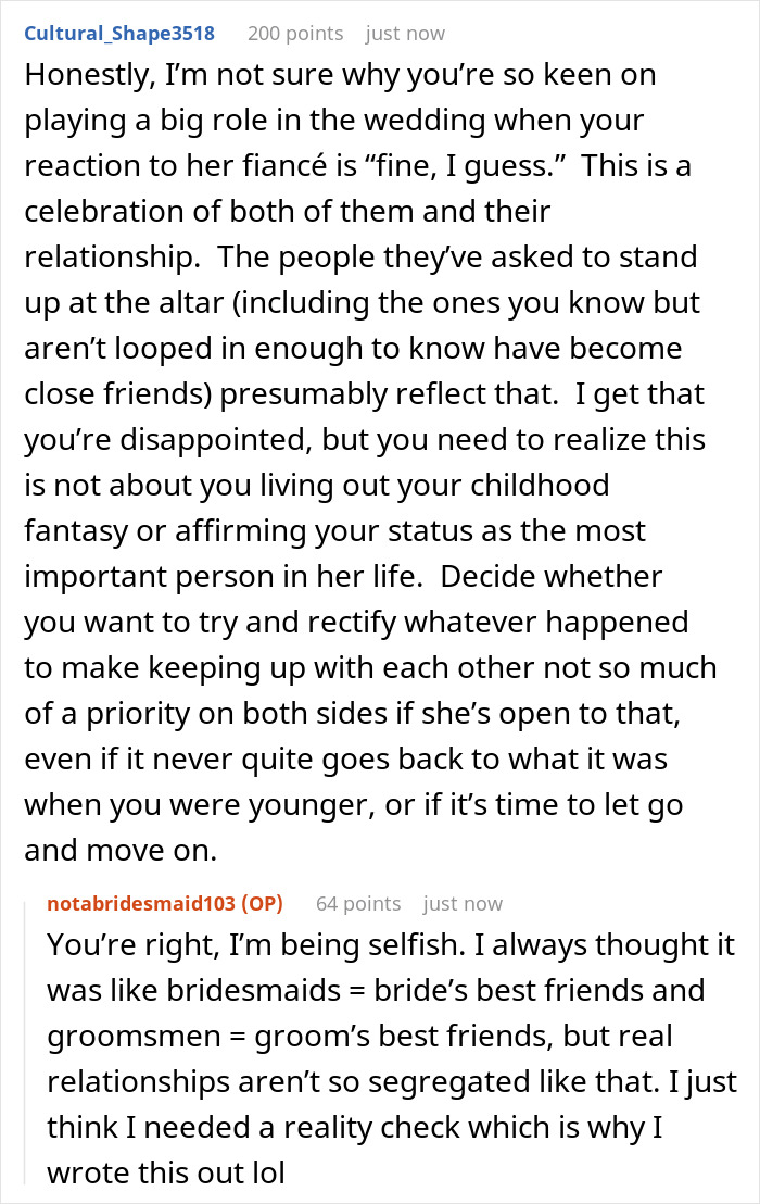 A screenshot of a Reddit comment section with a user named Cultural_Shape3518 discussing a friendship ending after not being a bridesmaid.