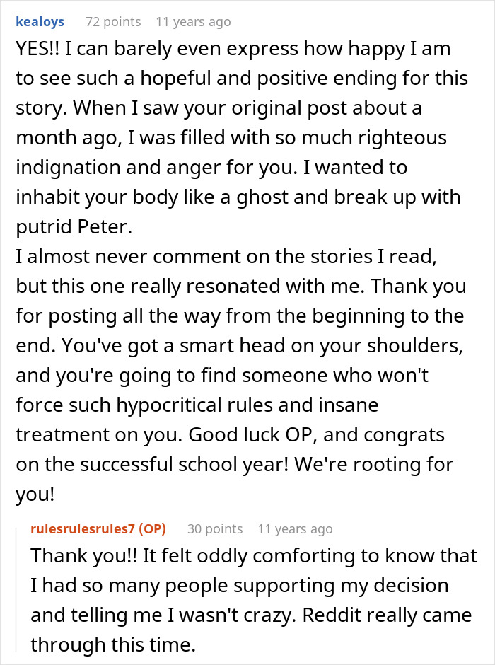 A screenshot showing a comment from kealoys expressing happiness for a positive ending to the toxic guy story.