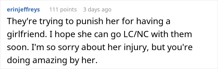 Comment expressing sympathy for girlfriend's injury and support for setting boundaries with parents